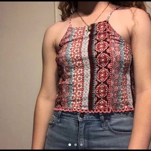 Pink striped floral tie-neck tank top